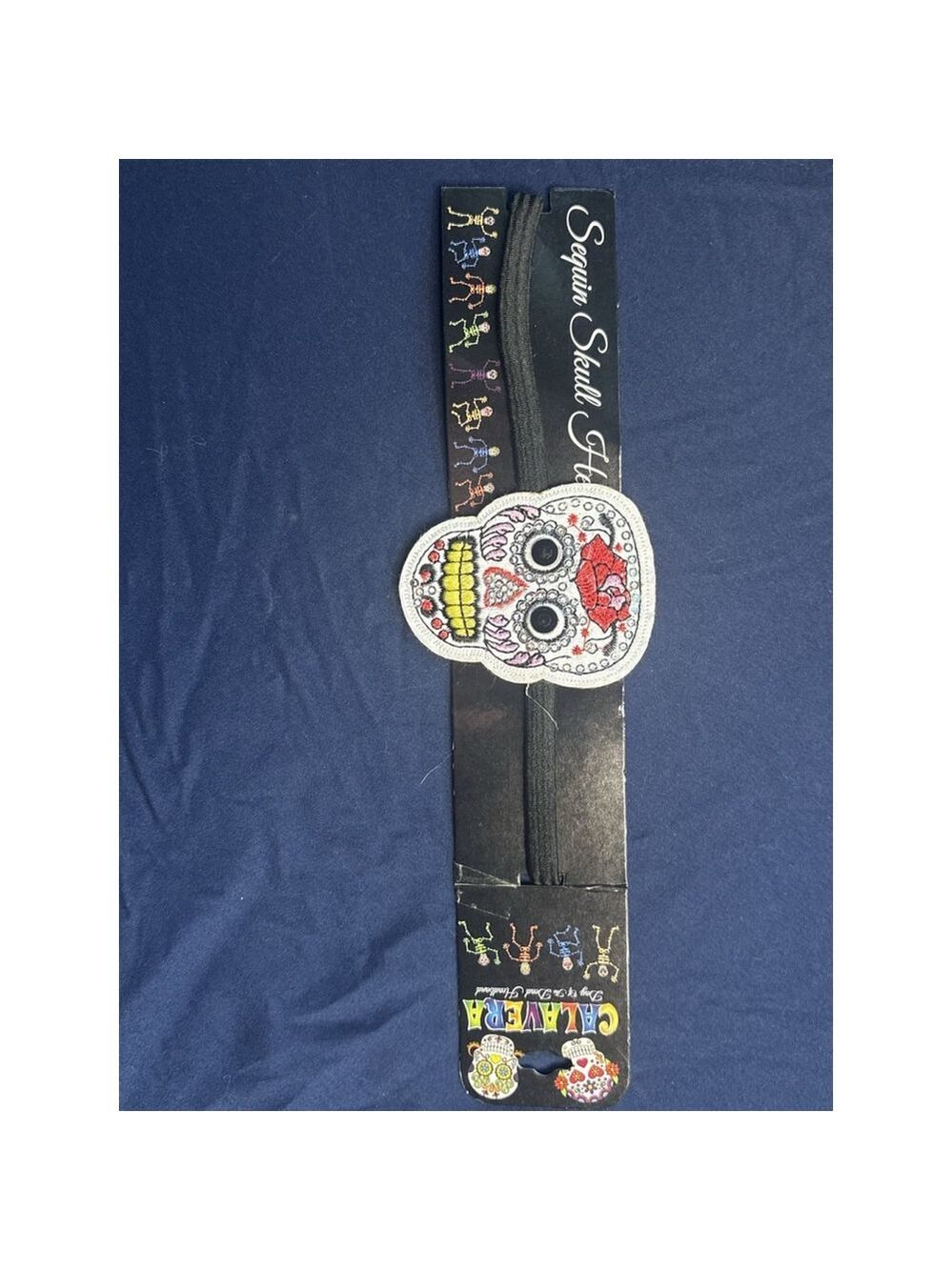 Calavera Day of the Dead Headband Sequin Sugar Skull Rose Black Elastic NWT